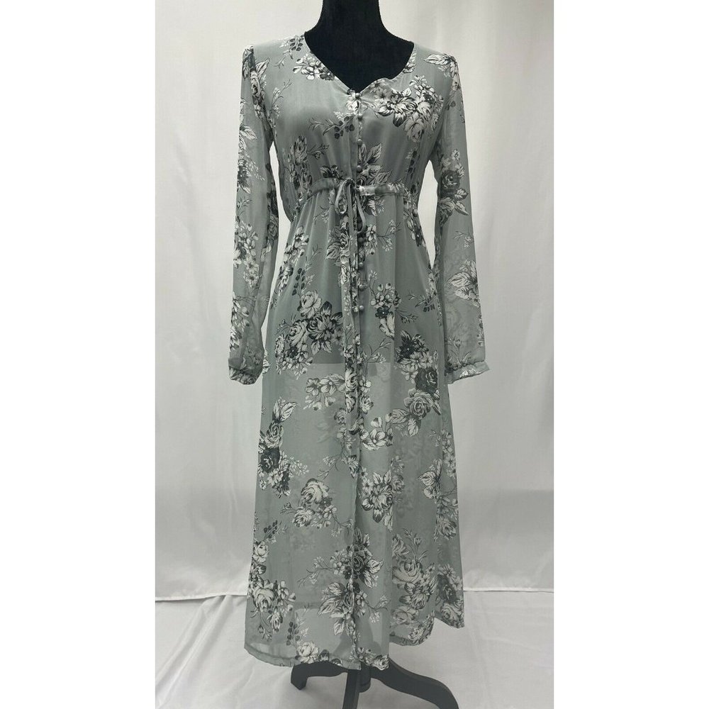 Vintage Bongo 90’s Gray Sheer Floral Button Up Dress Cover Up Tie Waist NWT